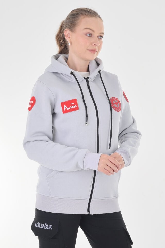 112 Acil Sağlık Gümüş Gri Kapşonlu Polar (Unisex)