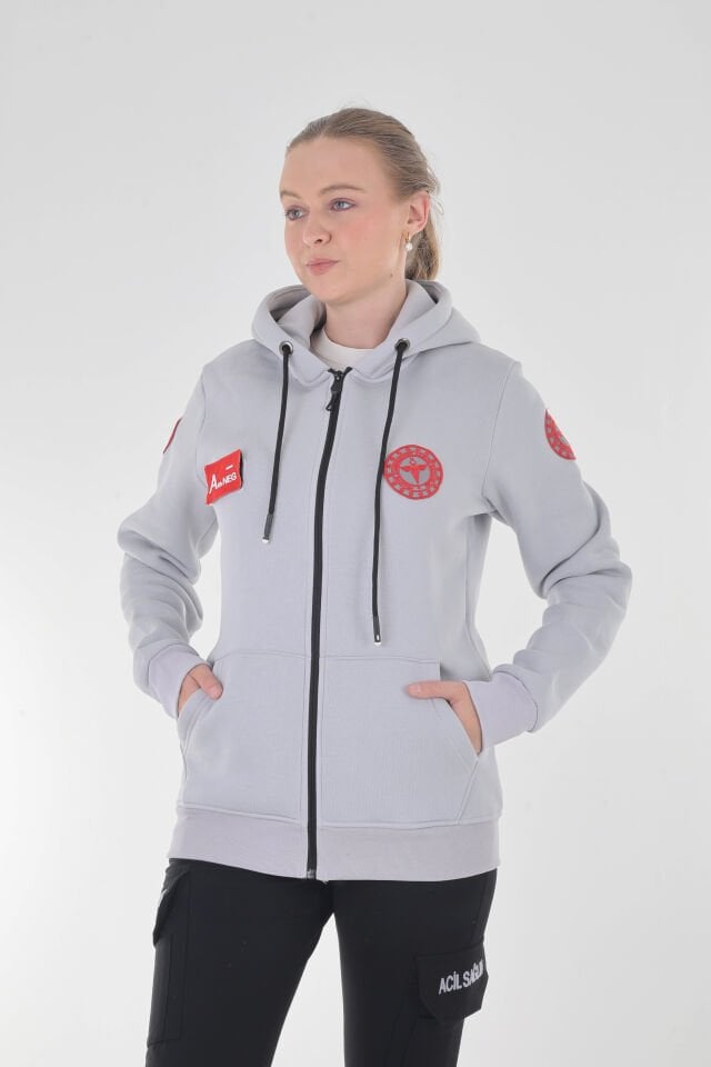 112 Acil Sağlık Gümüş Gri Kapşonlu Polar (Unisex)