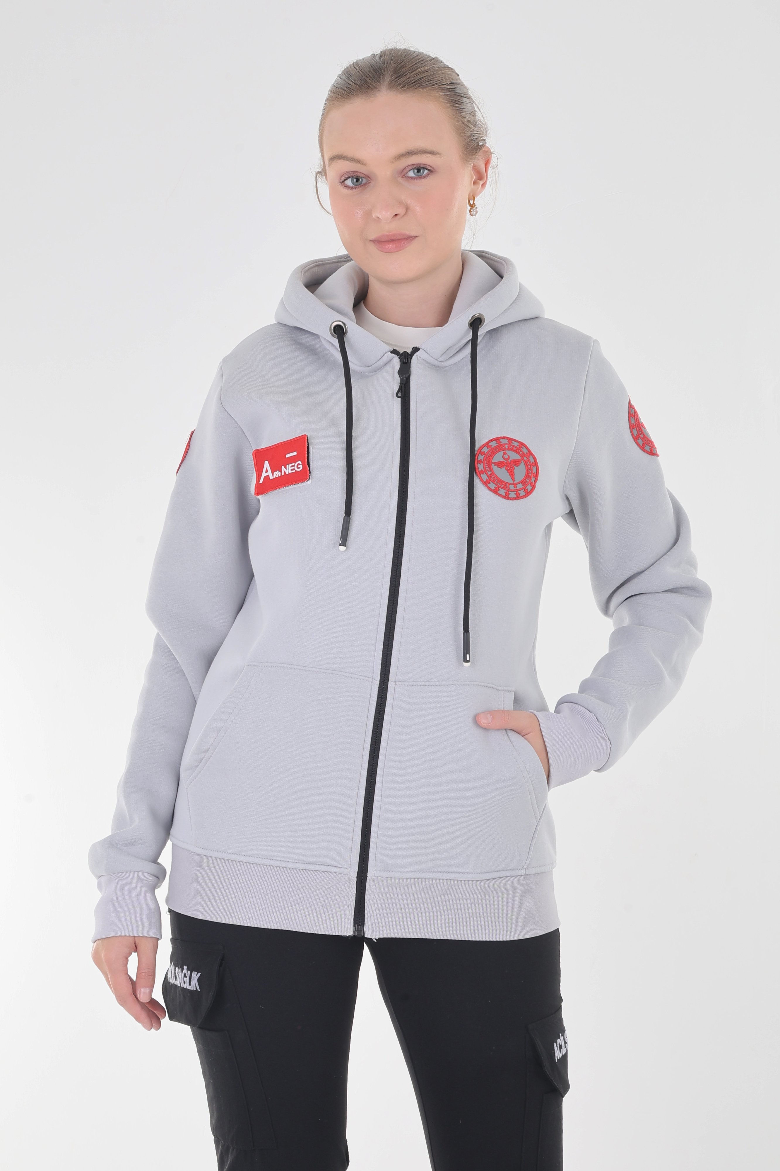 112 Acil Sağlık Gümüş Gri Kapşonlu Polar (Unisex)