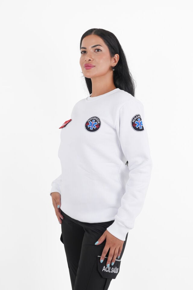 Paramedik Beyaz Sıfır Yaka Swit (Unisex)-3 İplik Kumaş)