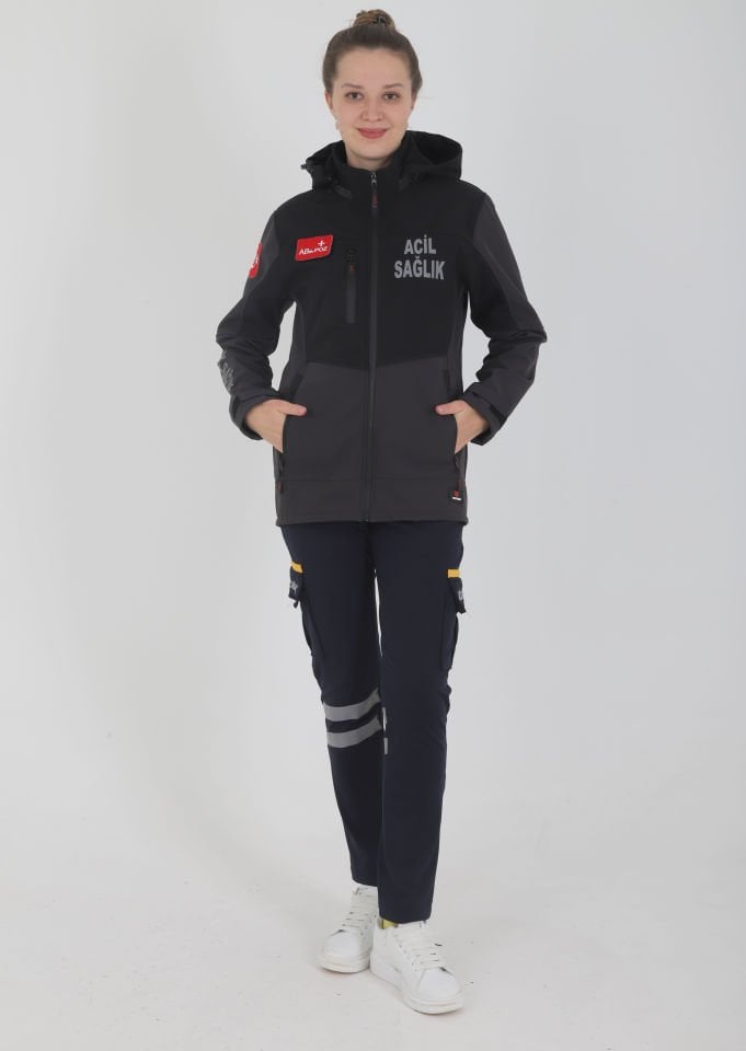 Yeni Acil Sağlık Füme-Siyah Shoftshell Mont (Su Geçirmez-Unisex)