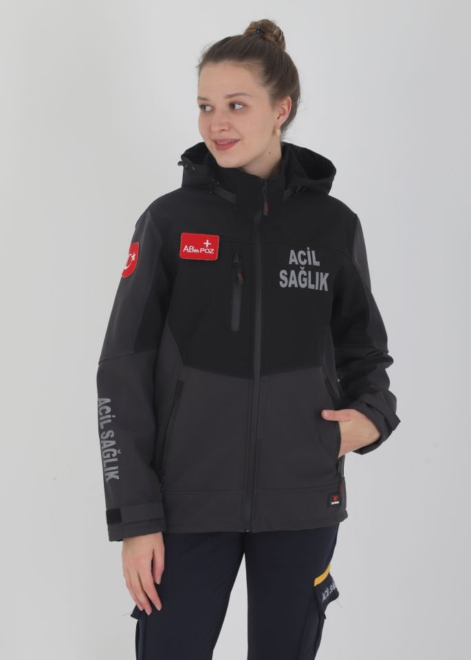 Yeni Acil Sağlık Füme-Siyah Shoftshell Mont (Su Geçirmez-Unisex)