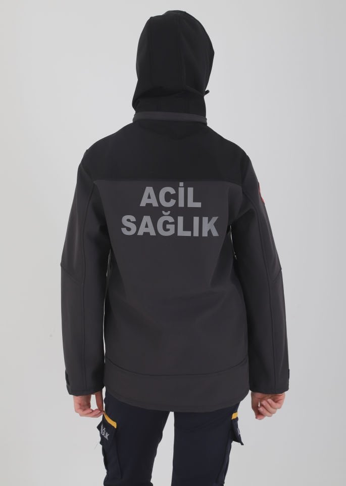 Yeni Acil Sağlık Füme-Siyah Shoftshell Mont (Su Geçirmez-Unisex)