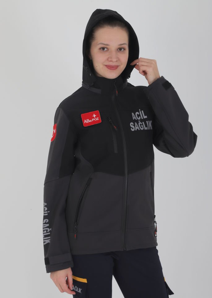 Yeni Acil Sağlık Füme-Siyah Shoftshell Mont (Su Geçirmez-Unisex)