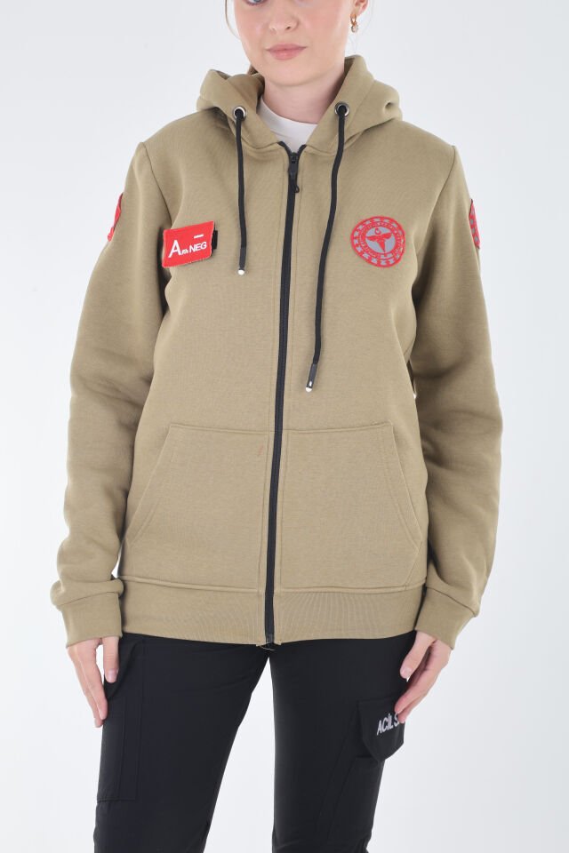 112 Acil Sağlık Açık Kahve Kapşonlu Polar (Unisex)