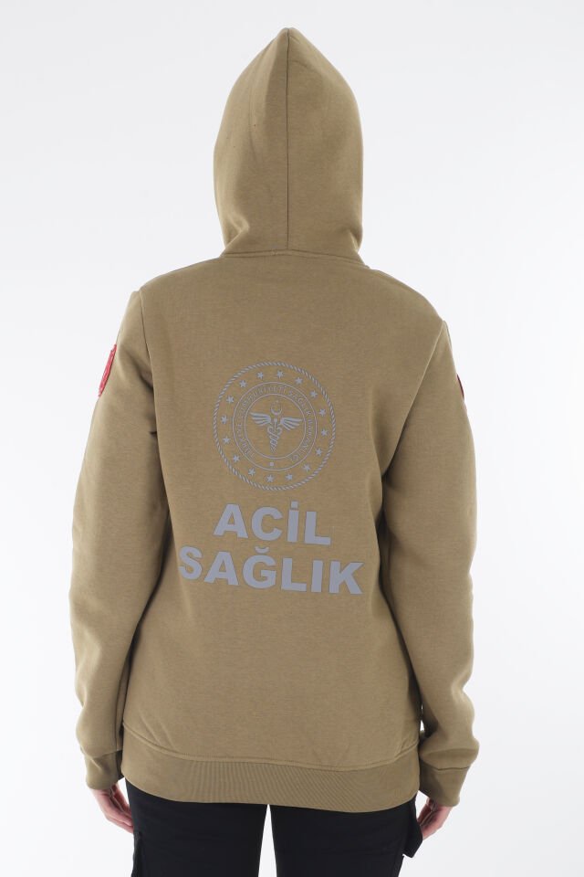 112 Acil Sağlık Açık Kahve Kapşonlu Polar (Unisex)