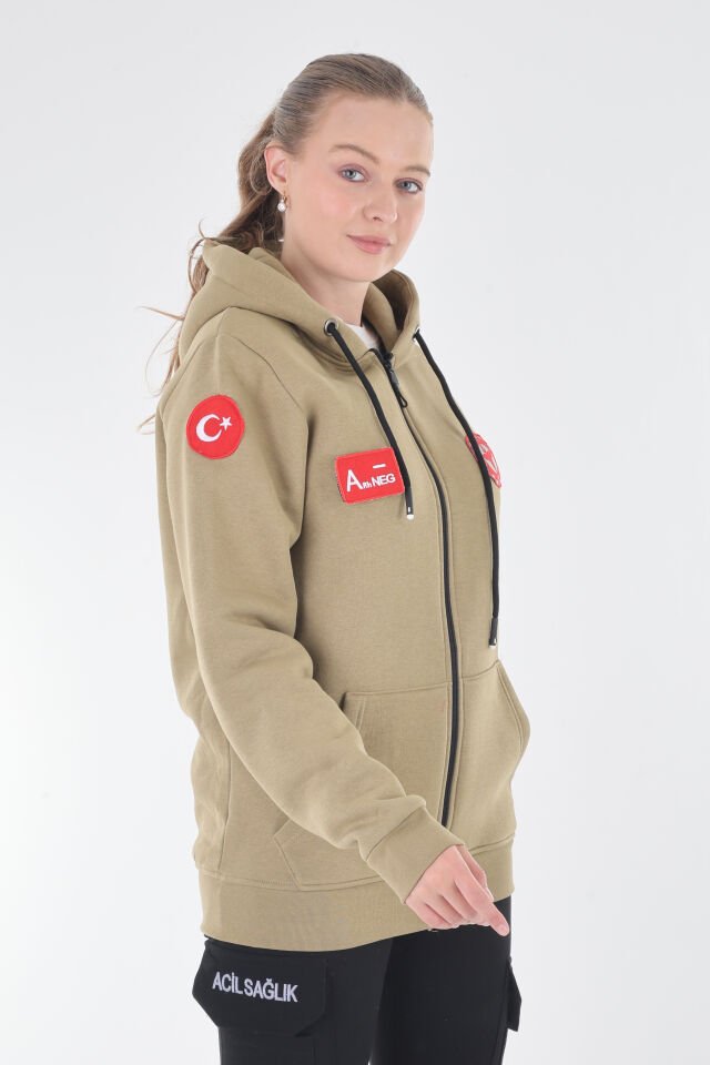 112 Acil Sağlık Açık Kahve Kapşonlu Polar (Unisex)