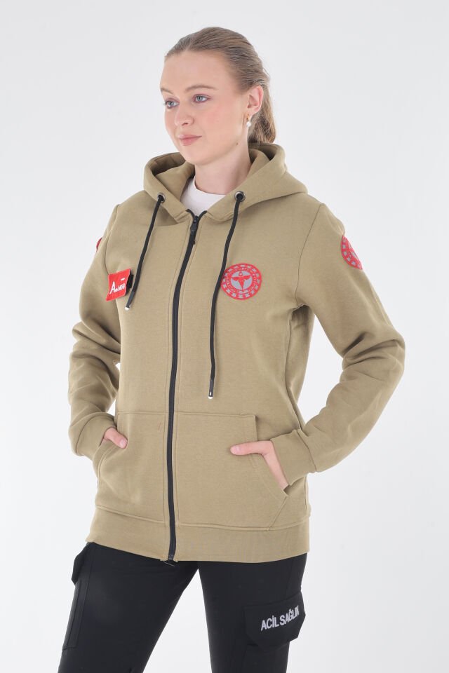112 Acil Sağlık Açık Kahve Kapşonlu Polar (Unisex)