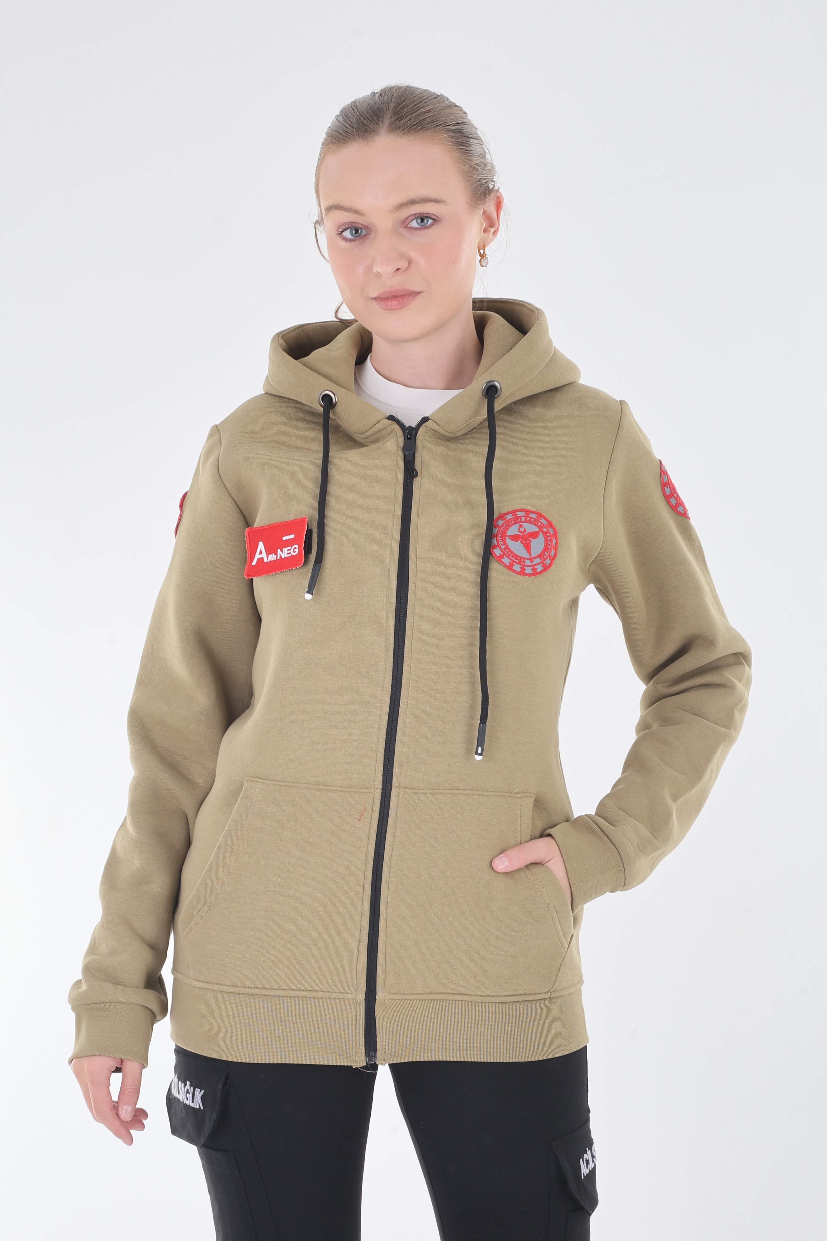 112 Acil Sağlık Açık Kahve Kapşonlu Polar (Unisex)