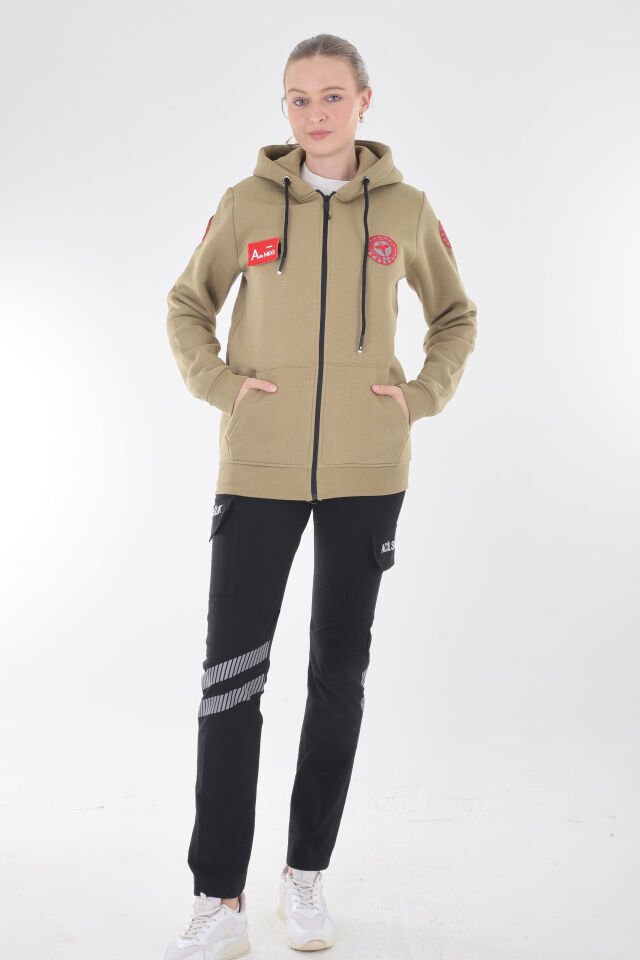 112 Acil Sağlık Açık Kahve Kapşonlu Polar (Unisex)