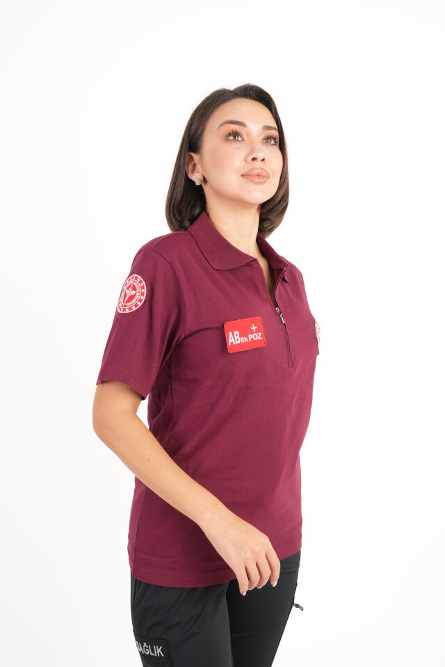 112 Acil Sağlık Bordo Fermuarlı T-shirt (Unisex)