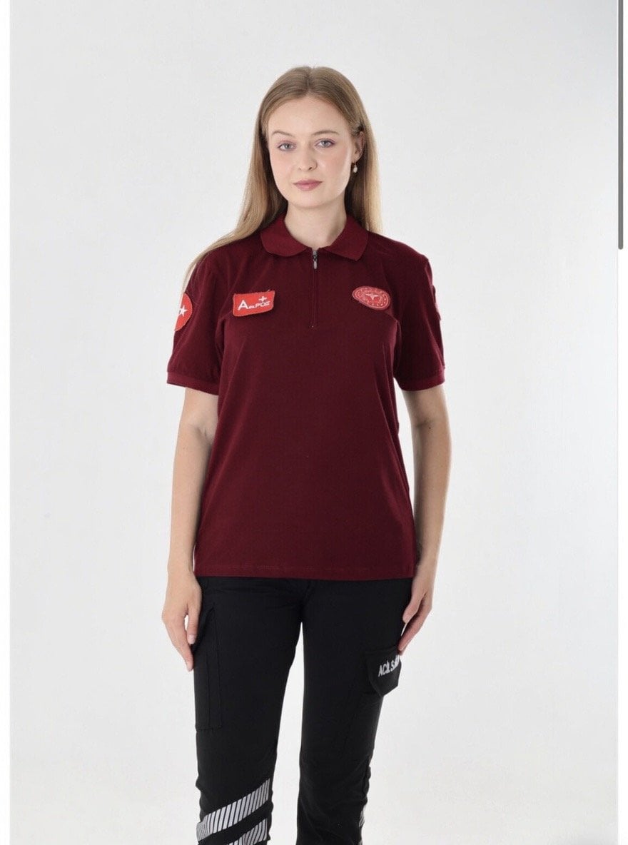 112 Acil Sağlık Bordo Fermuarlı T-shirt (Unisex)