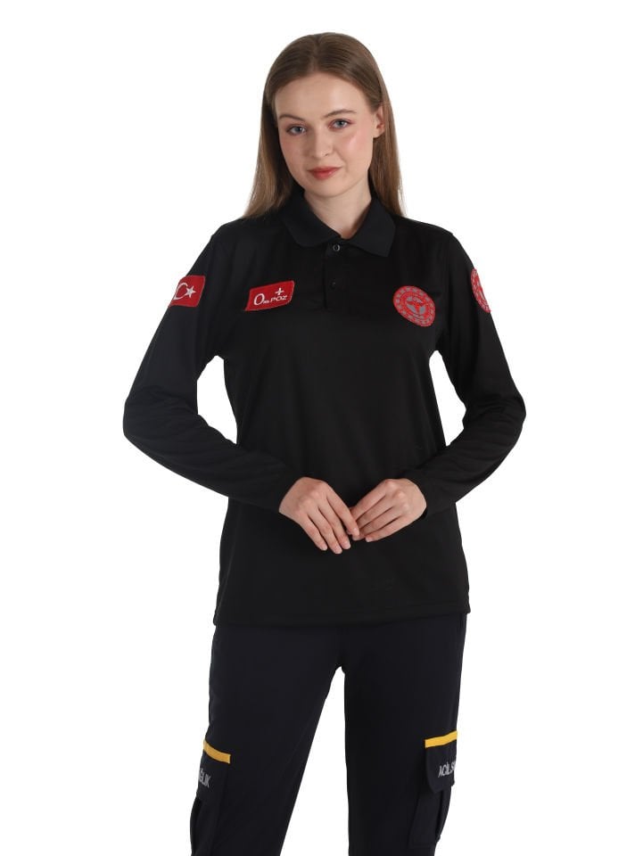 Yeni Evde Sağlık Polo Yaka Uzun Kollu Siyah Comfort T-shirt (Fileli-Unisex)