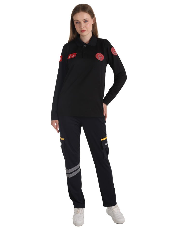 Yeni Evde Sağlık Polo Yaka Uzun Kollu Siyah Comfort T-shirt (Fileli-Unisex)
