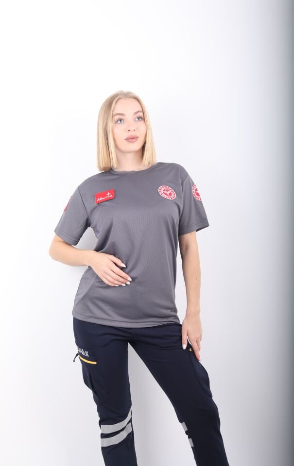 112 Acil Sağlık Füme Sıfır Yaka Comfort T-shirt (Unisex-Fileli)