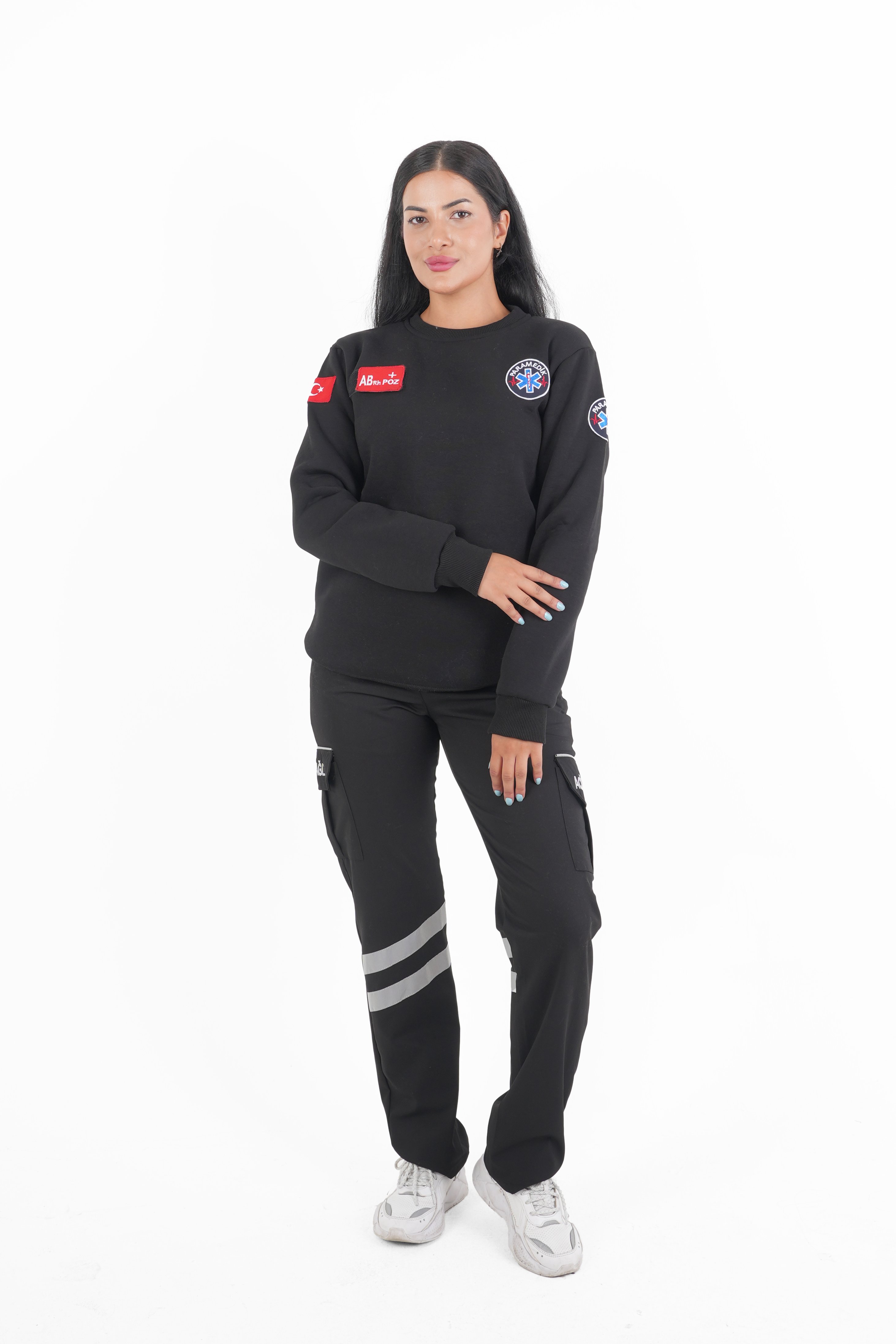 Paramedik Siyah Sıfır Yaka Swit (Unisex- 3 İplik) Kumaş