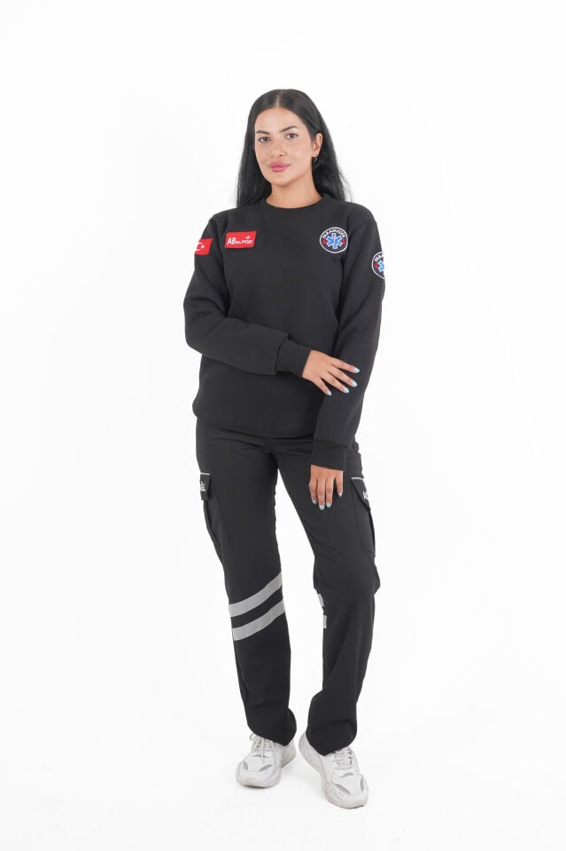 Paramedik Siyah Sıfır Yaka Swit (Unisex- 3 İplik) Kumaş