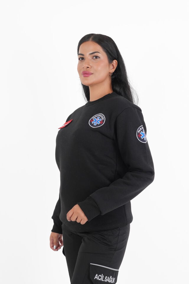 Paramedik Siyah Sıfır Yaka Swit (Unisex- 3 İplik) Kumaş