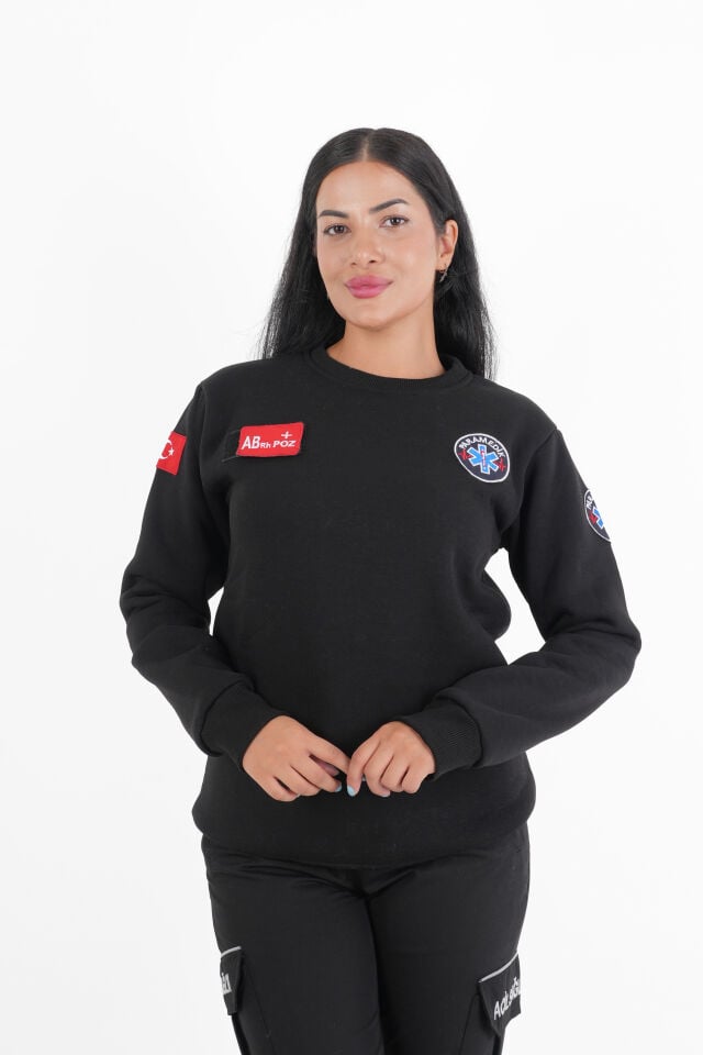 Paramedik Siyah Sıfır Yaka Swit (Unisex- 3 İplik) Kumaş