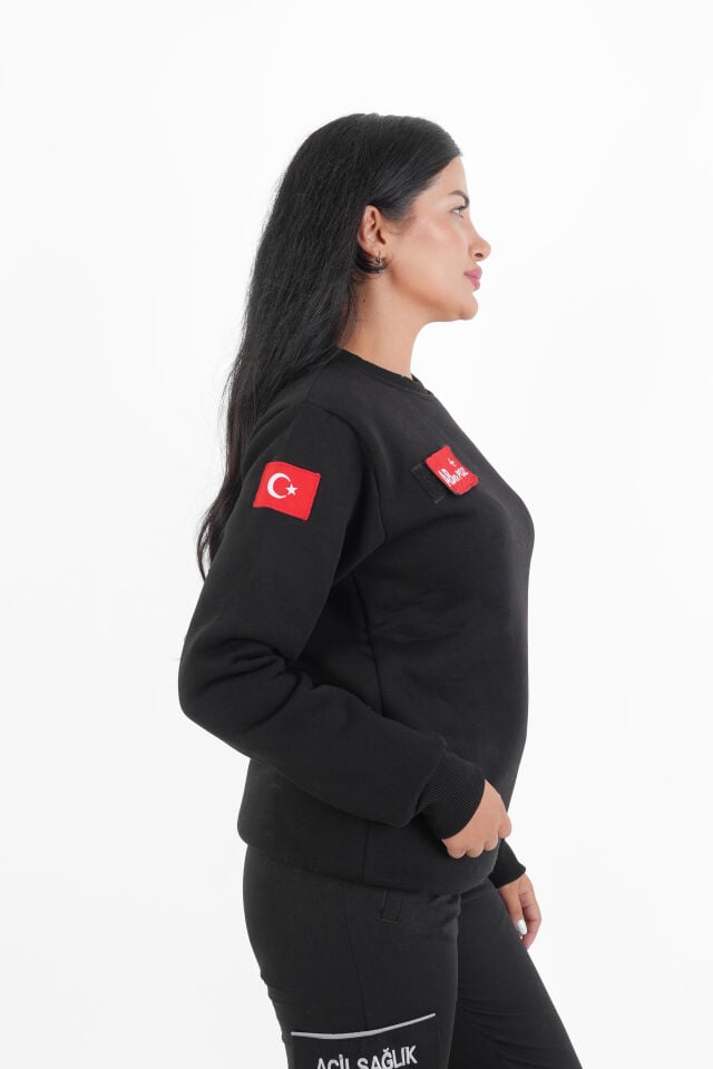 Paramedik Siyah Sıfır Yaka Swit (Unisex- 3 İplik) Kumaş