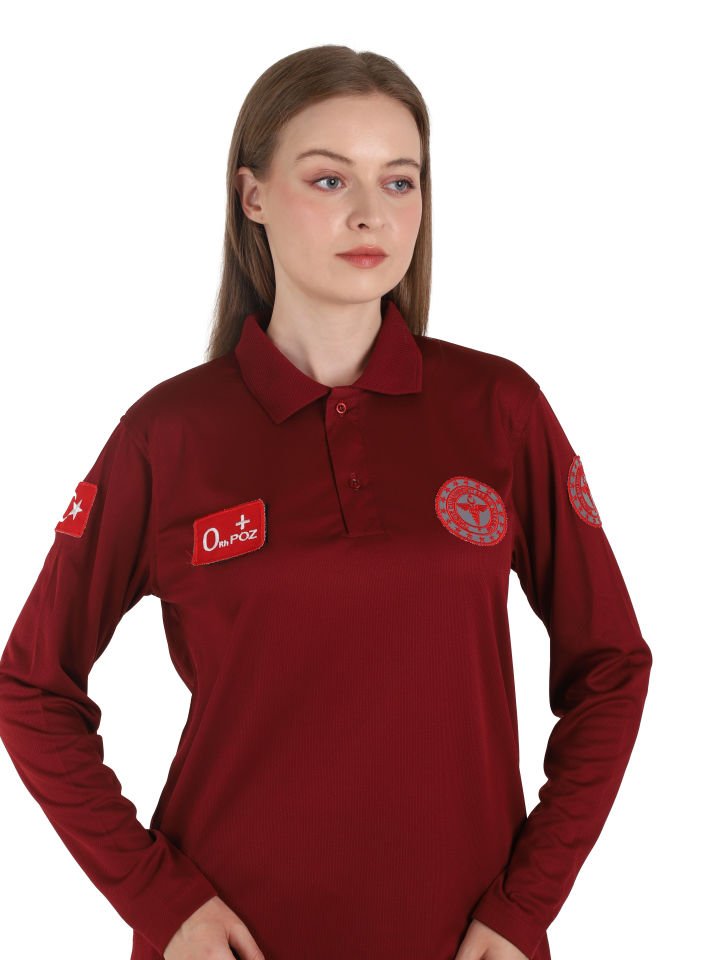 Evde Sağlık Polo Yaka Uzun Kollu Bordo Comfort T-shirt (Fileli-Unisex)