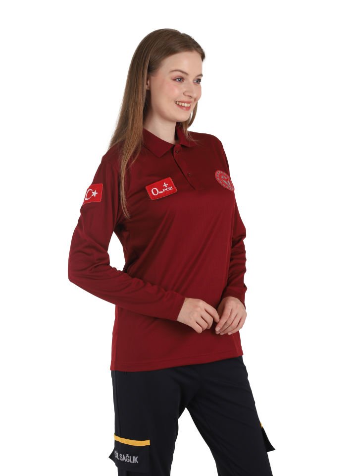 Evde Sağlık Polo Yaka Uzun Kollu Bordo Comfort T-shirt (Fileli-Unisex)