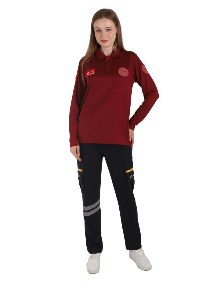 Evde Sağlık Polo Yaka Uzun Kollu Bordo Comfort T-shirt (Fileli-Unisex)