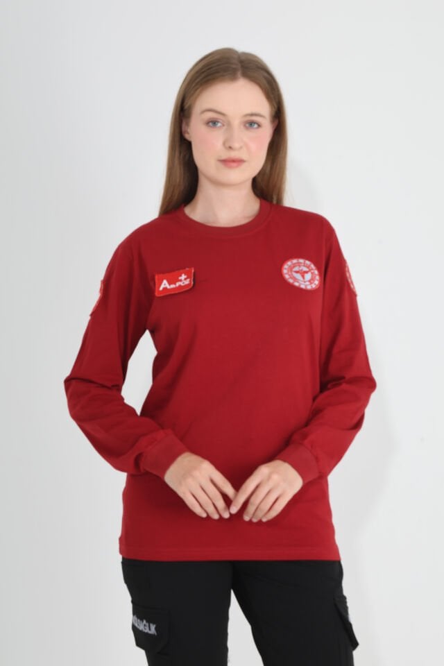 Yeni Acil Sağlık Bordo Sıfır Yaka Penye Uzun Kol (Unisex)