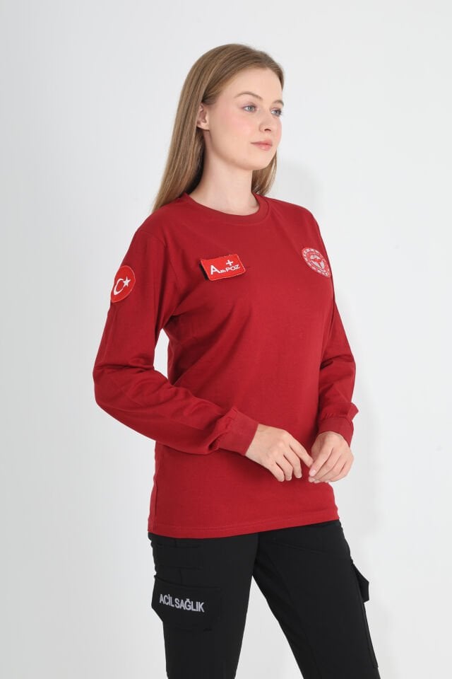 Yeni Acil Sağlık Bordo Sıfır Yaka Penye Uzun Kol (Unisex)