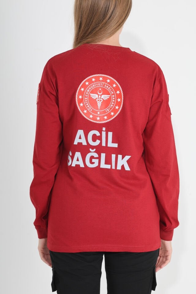 Yeni Acil Sağlık Bordo Sıfır Yaka Penye Uzun Kol (Unisex)