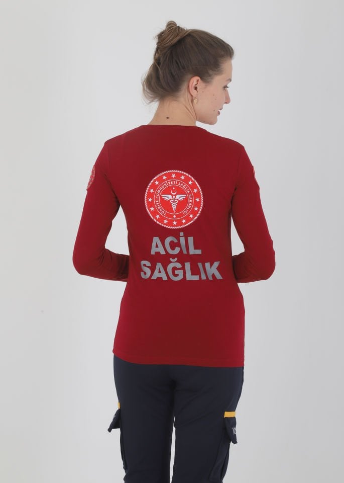 Yeni Acil Sağlık Bordo Sıfır Yaka Penye Uzun Kol (Unisex)