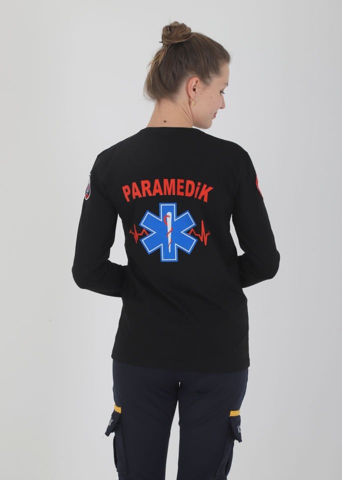 Yeni Paramedik Siyah Sıfır Yaka Penye Uzun Kollu T-shirt (Unisex)
