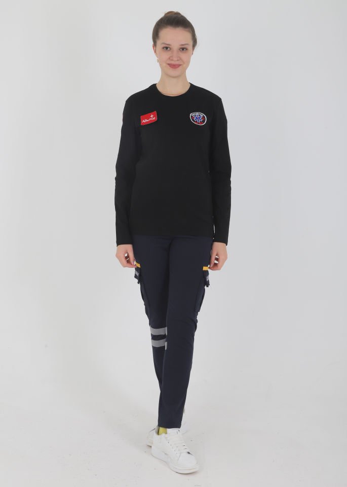 Yeni Paramedik Siyah Sıfır Yaka Penye Uzun Kollu T-shirt (Unisex)