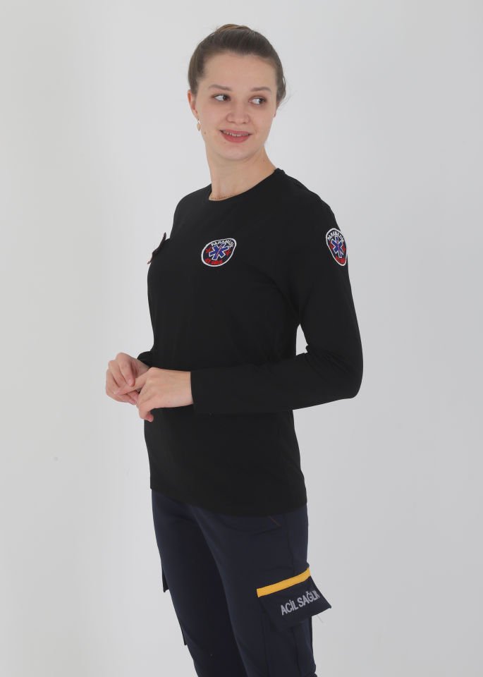Yeni Paramedik Siyah Sıfır Yaka Penye Uzun Kollu T-shirt (Unisex)