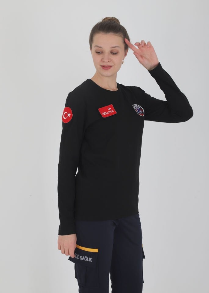 Yeni Paramedik Siyah Sıfır Yaka Penye Uzun Kollu T-shirt (Unisex)