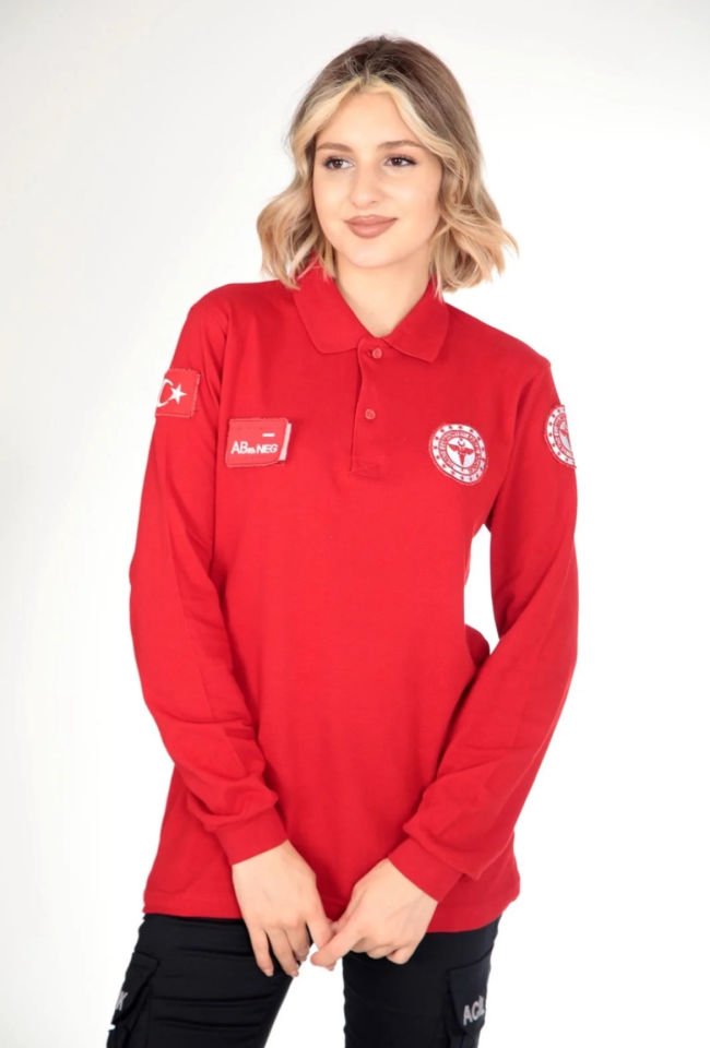 Evde Sağlık Kırmızı Uzun Kollu Lacost T-Shirt (Unisex)