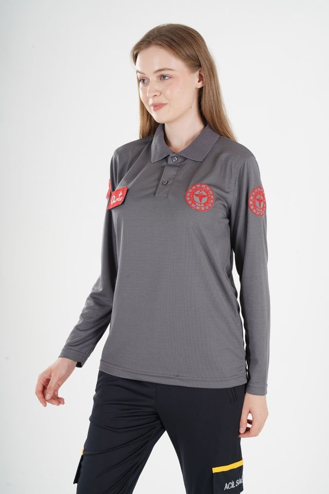 Yeni 112 Acil Sağlık Uzun Kollu Polo Yaka Füme Comfort T-shirt (Unisex)