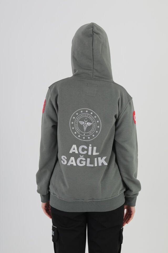 112 Acil Sağlık Haki Yeşili Kapşonlu Polar (Unisex)