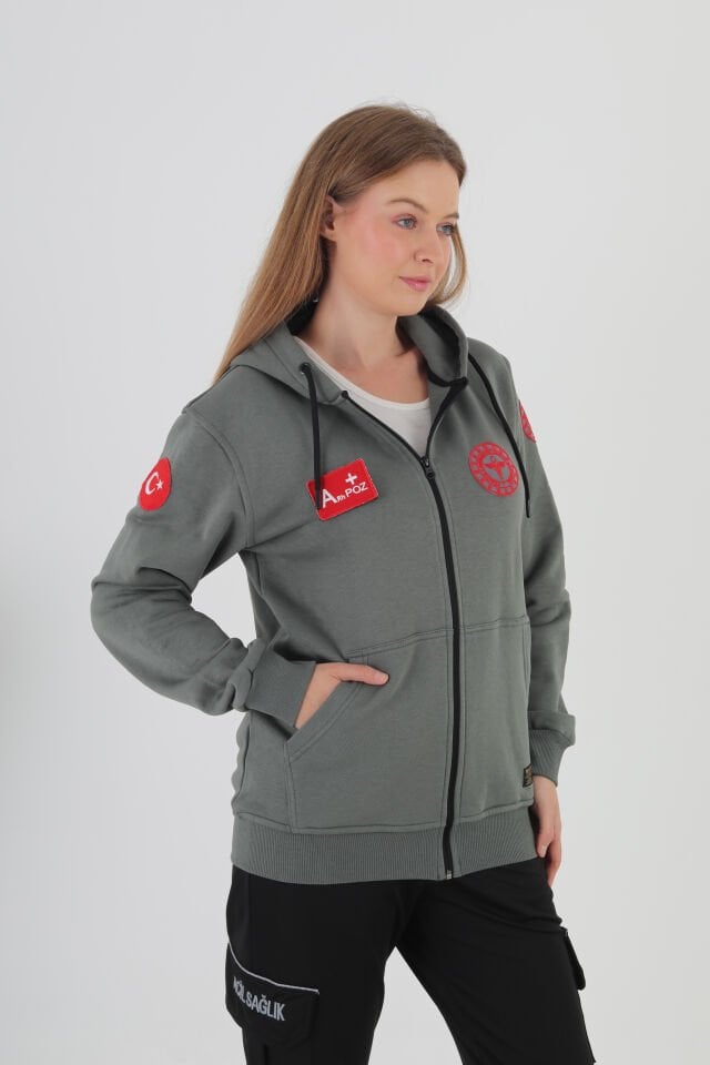 112 Acil Sağlık Haki Yeşili Kapşonlu Polar (Unisex)