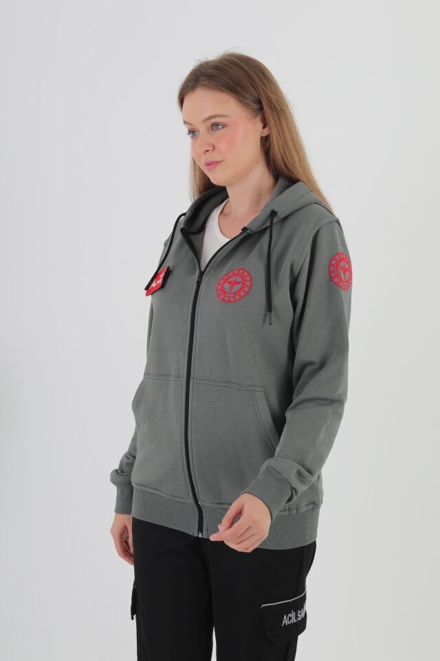 112 Acil Sağlık Haki Yeşili Kapşonlu Polar (Unisex)