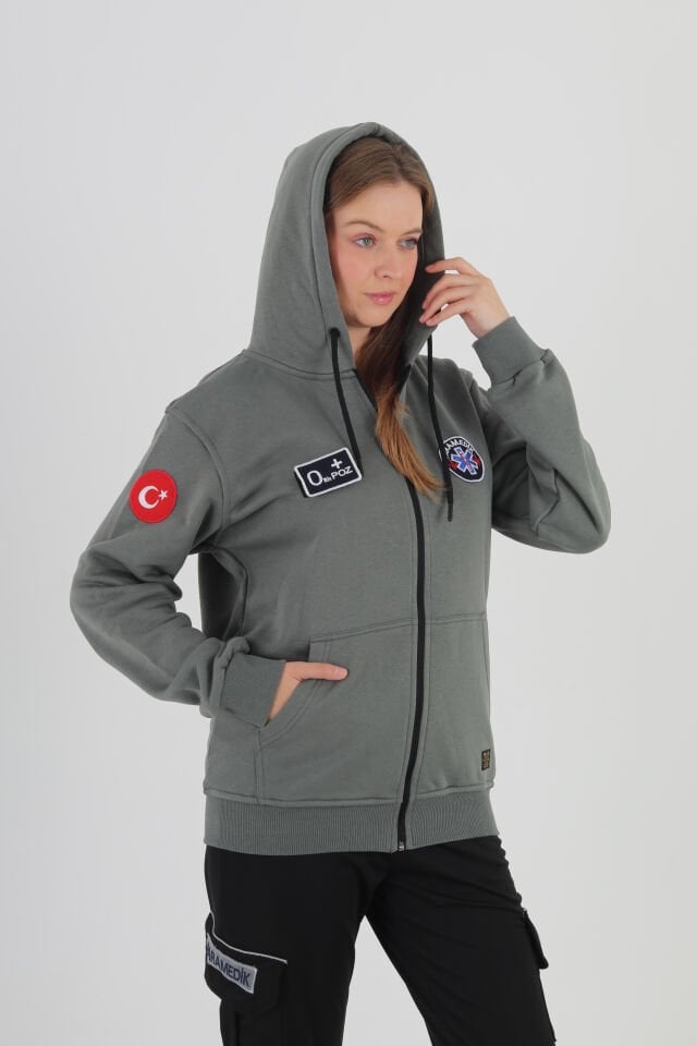 112 Acil Sağlık Haki Yeşili Kapşonlu Polar (Unisex)