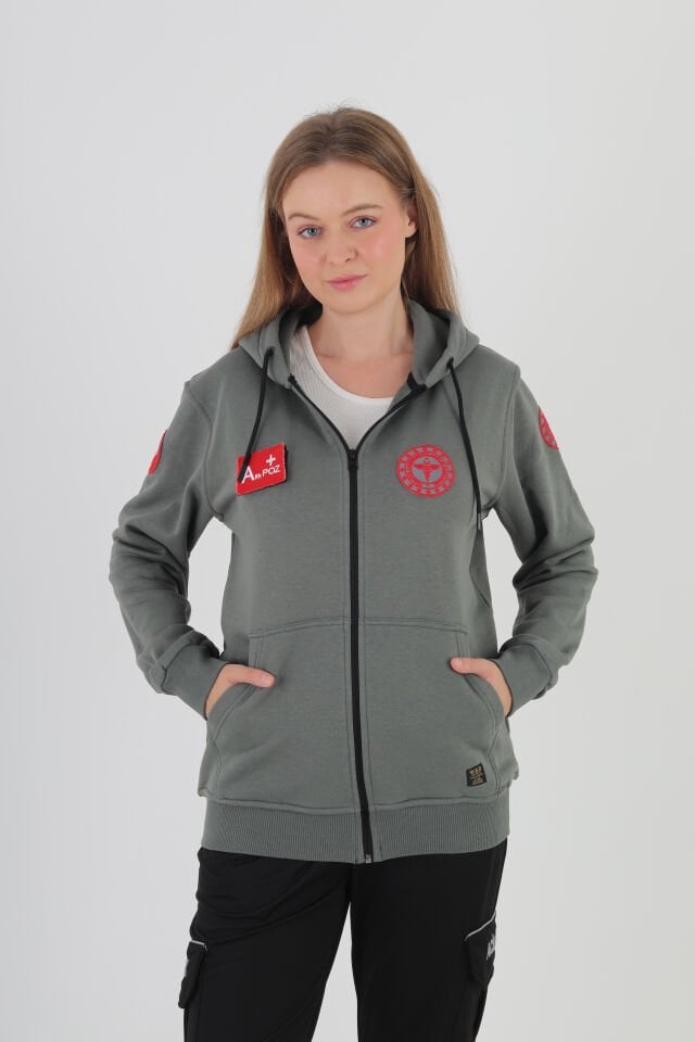 112 Acil Sağlık Haki Yeşili Kapşonlu Polar (Unisex)