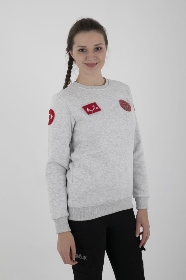 Yeni Acil Sağlık Açık Gri Sıfır Yaka Swit (Unisex-3 İplik)