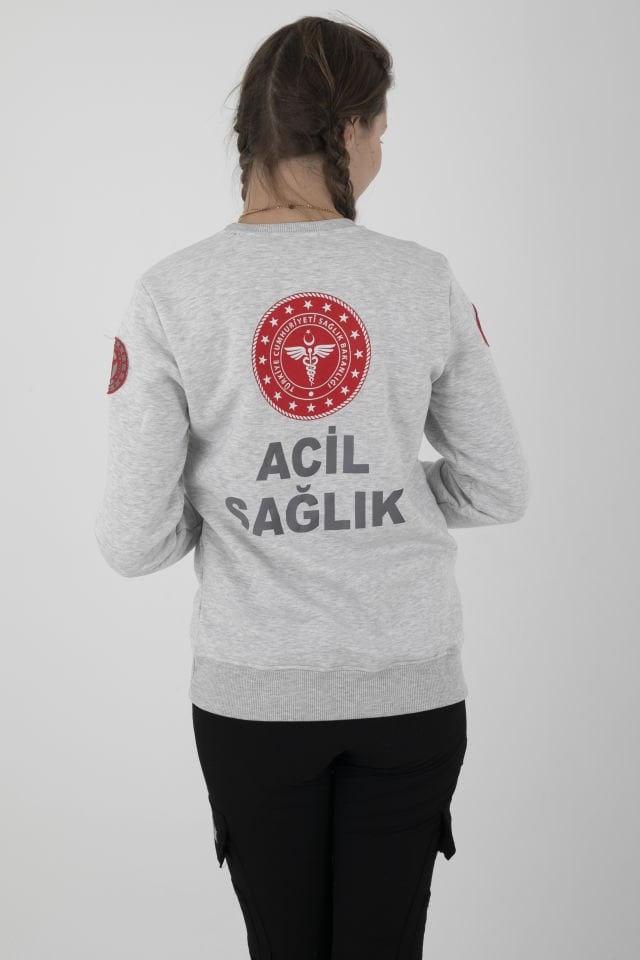 Yeni Acil Sağlık Açık Gri Sıfır Yaka Swit (Unisex-3 İplik)