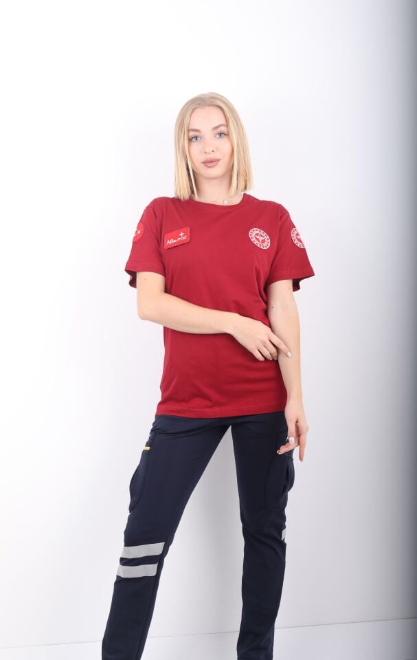 112 Acil Sağlık Sıfır Yaka Comfort Bordo T-shirt (Fileli-Unisex)