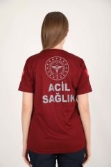 YENİ Acil Sağlık Sıfır Yaka Comfort Bordo T-shirt (Fileli-Unisex)