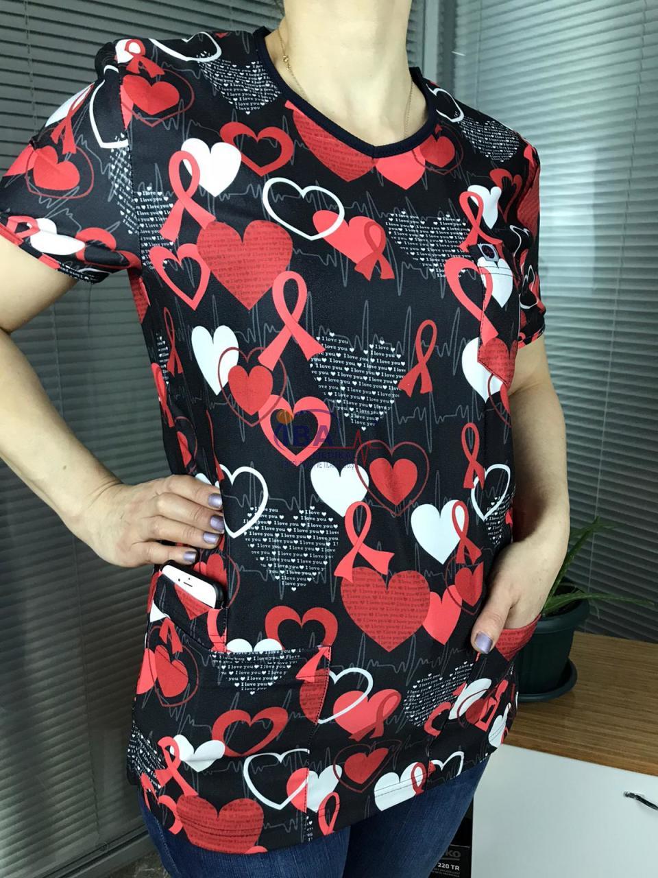 Comfort Sport Likralı Desenli Üst (Kırmızı Kalpler)