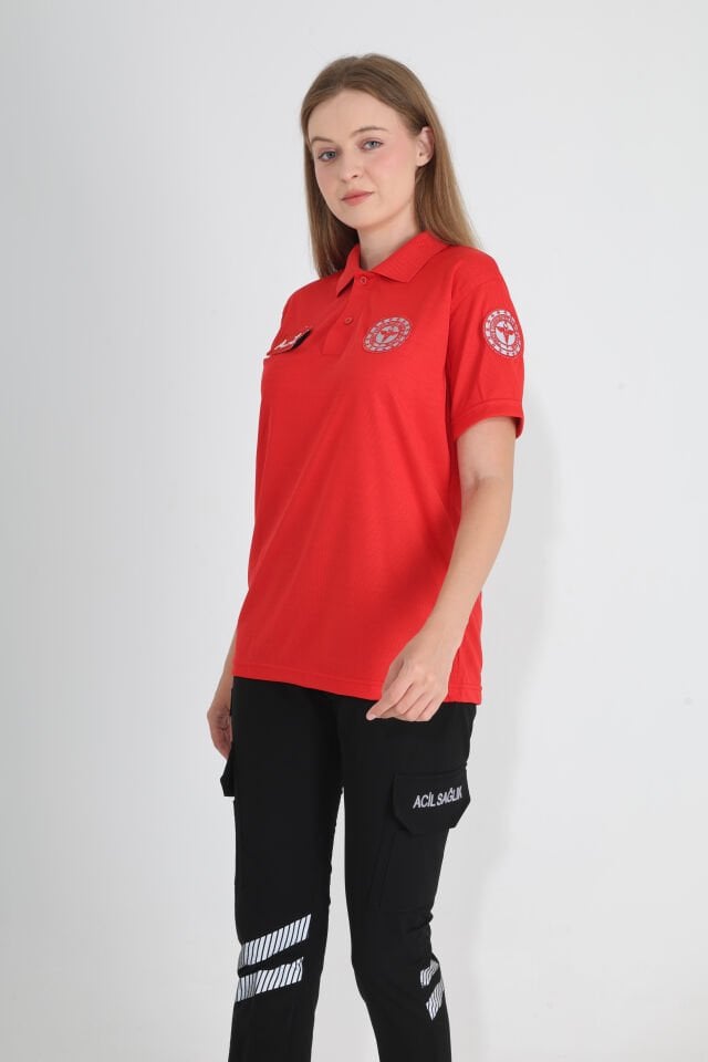 Yeni Kırmızı Acil Sağlık Comfort Polo Yaka T-shirt (Unisex-Fileli)