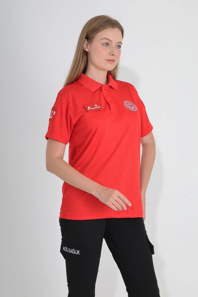 Yeni Kırmızı Acil Sağlık Comfort Polo Yaka T-shirt (Unisex-Fileli)
