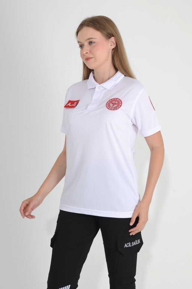 Yeni 112 Acil Sağlık Beyaz Polo Yaka Comfort T-shirt (Unisex-Fileli)